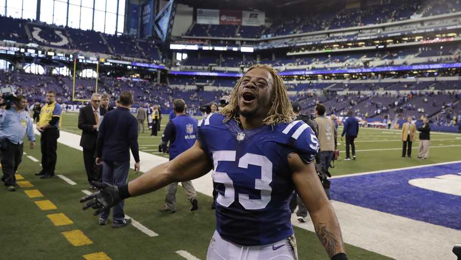 Indianapolis Colts linebacker Edwin Jackson (53) walks off the field following an NFL football game against the Tennessee Titans in Indianapolis, Sunday, Nov. 20, 2016. 