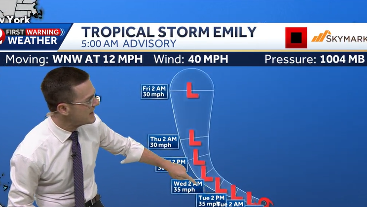 Tropische storm Emily: baan en modellen
