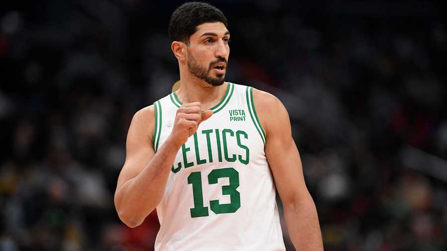 Boston Celtics center Enes Kanter (13) looks on during the first half of an NBA basketball game against the Washington Wizards, Saturday, Oct. 30, 2021, in Washington. (AP Photo)