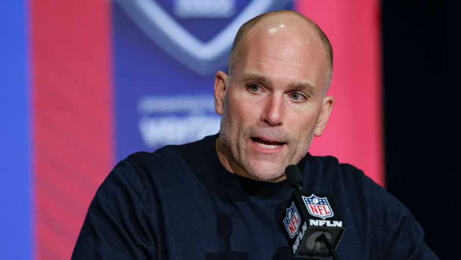 INDIANAPOLIS, IN - MAR 02: VP and general manager, Eric DeCosta of the Baltimore Ravens speaks to reporters during the NFL Draft Combine at the Indiana Convention Center on March 2, 2022 in Indianapolis, Indiana. (Photo by Michael Hickey/Getty Images)