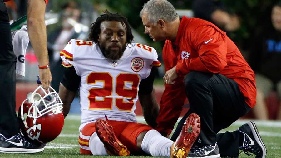 Kansas City Chiefs safety Eric Berry receives attention on the field after an injury during the second half of an NFL football game against the New England Patriots, Thursday, Sept. 7, 2017, in Foxborough, Mass. (AP Photo/Michael Dwyer)