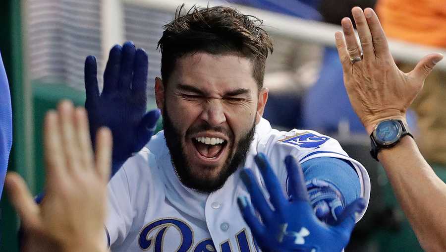 Kansas City Royals' Eric Hosmer celebrates in the dugout after hitting a three-run home run during the fourth inning of a baseball game against the Minnesota Twins Friday, June 30, 2017, in Kansas City, Mo. (AP Photo/Charlie Riedel)