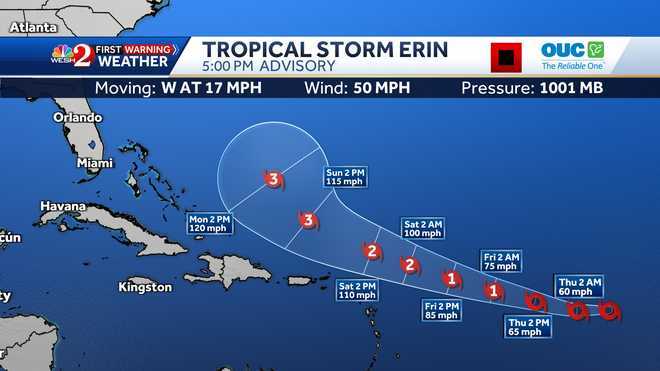 Tropical Storm Erin strengthens, pushes more west