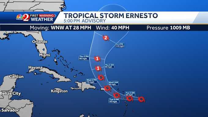 Tropical Storm Ernesto forms in Atlantic, moves toward Puerto Rico