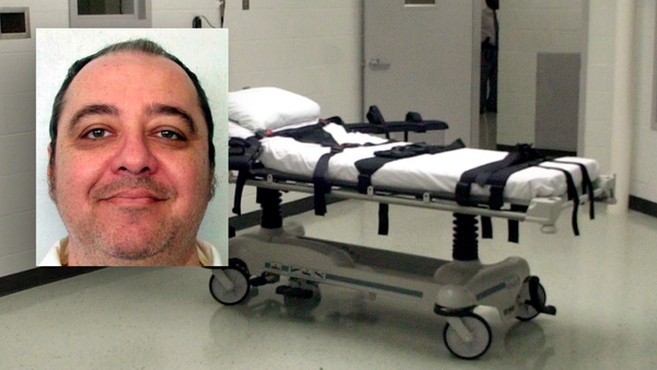 Alabama inmate photo over a photo of the lethal injection chamber at Holman prison.