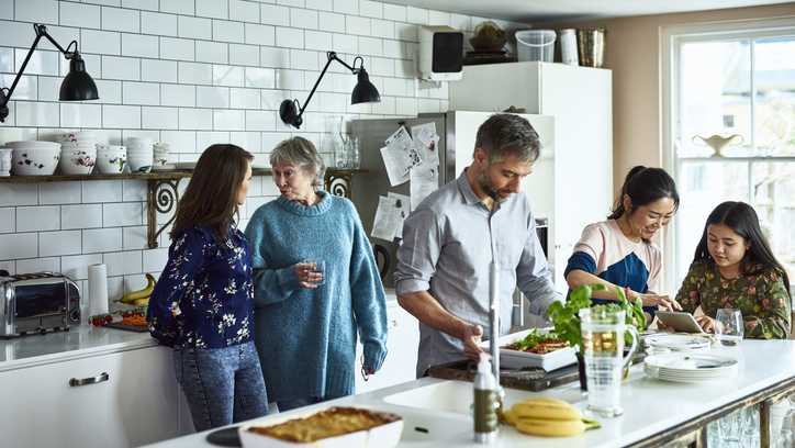 A family gathers for a home-cooked dinner.