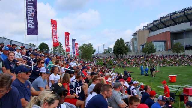 FOXBOROUGH, MA - JULY 28: New England Patriots wide receiver Lil' Jordan  Humphrey (83) during New England Patriots training camp on July 28, 2022,  at the Patriots Training Facility at Gillette Stadium