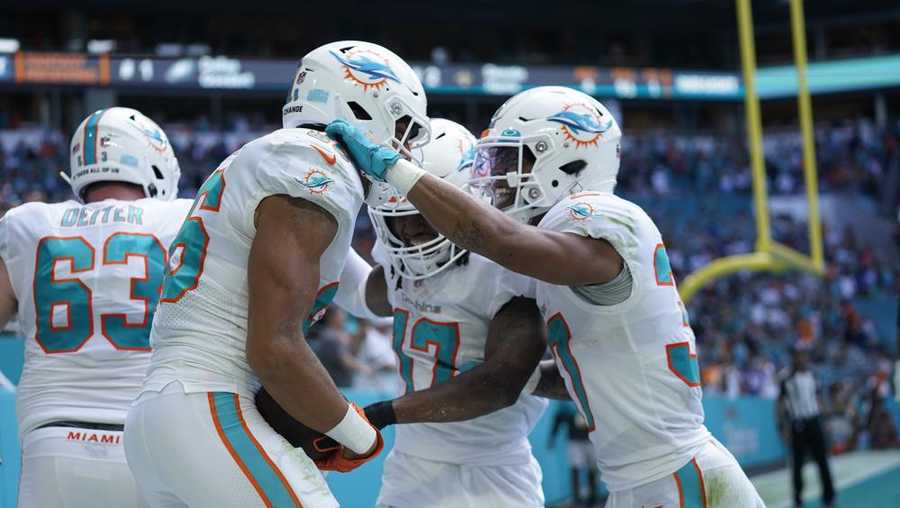 miami dolphins safety jason mccourty (30) and wide receiver jaylen waddle (17) congratulate wide receiver mack hollins (86) after hollins scored a touchdown during the first half of an nfl football game against the new york giants, sunday, dec. 5, 2021, in miami gardens, fla. (ap photo/lynne sladky)