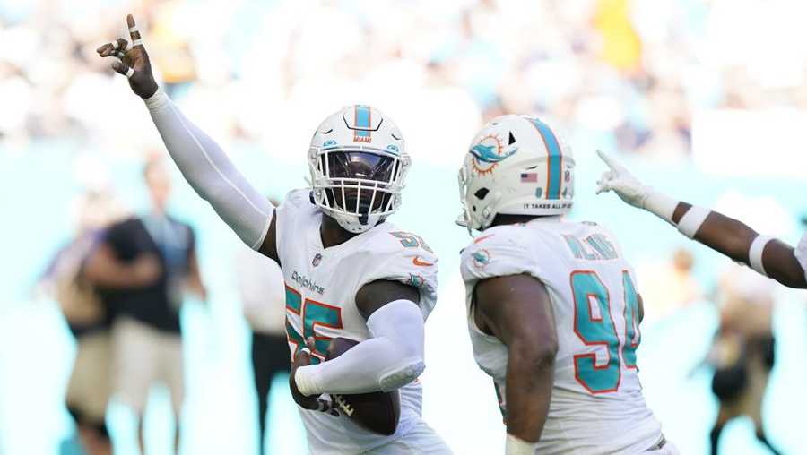 miami dolphins outside linebacker jerome baker (55) celebrates after intercepting a pass during the first half of an nfl football game against the houston texans, sunday, nov. 7, 2021, in miami gardens, fla. (ap photo/wilfredo lee)