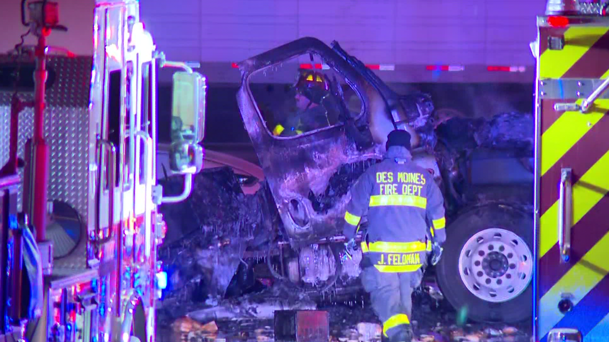 Truck on fire at southside Des Moines warehouse