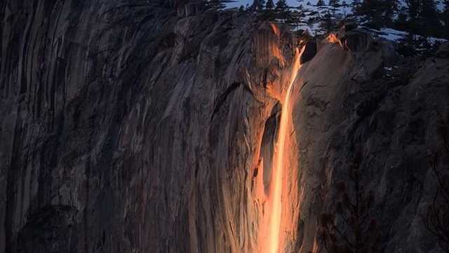 The "firefall" optical illusion at Horsetail Fall in Yosemite National Park.