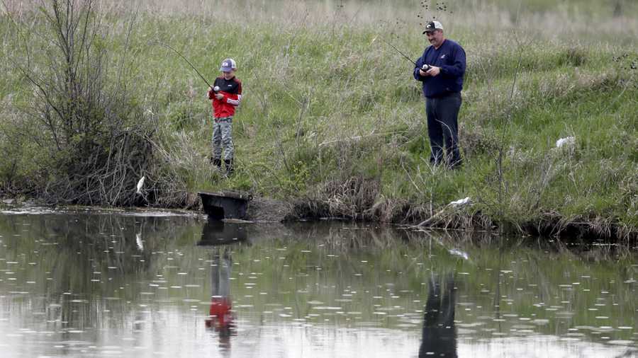A boy catches a fish while fishing with his father on a pond near Lawrence, Kan., Sunday, April 19, 2020. (AP Photo/Orlin Wagner)