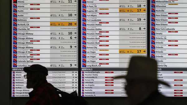 Canceled Southwest flights are displayed at Dallas Love Field Airport in Dallas on Monday, Jan. 30, 2023. (Lola Gomez/The Dallas Morning News via AP)