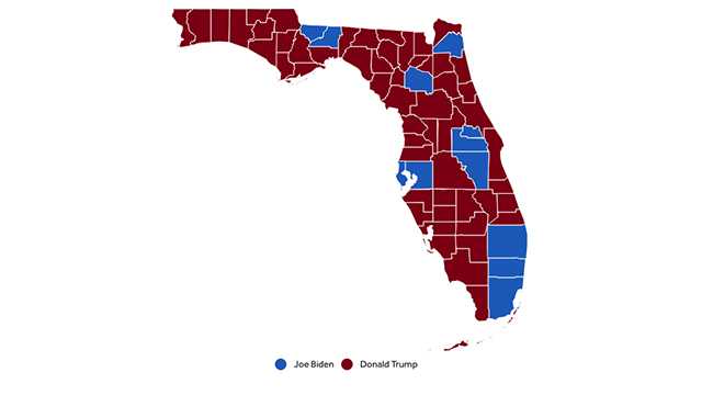 Map shows how Florida counties voted in the 2020 presidential election.