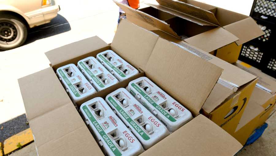 Eggs to be distributed at the Brandywine Heights Intermediate and Middle School in Topton, Pennsylvania on June 9, 2020 where Helping Harvest was conducting a food distribution. Helping Harvest has seen an increase in demand for its services during the coronavirus pandemic.