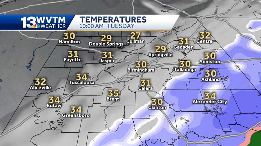Timing of snow, temperatures in central Alabama Tuesday