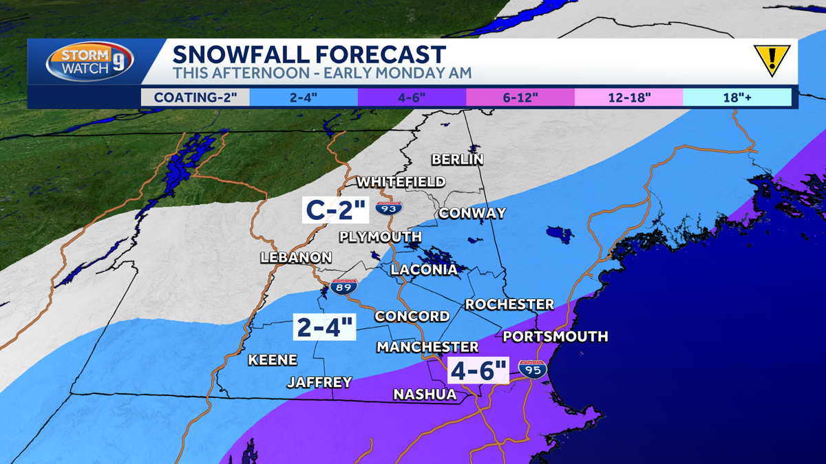Parts of southern NH could see 4-6 inches of snow Sunday night; Impacts likely for Pats game, travel