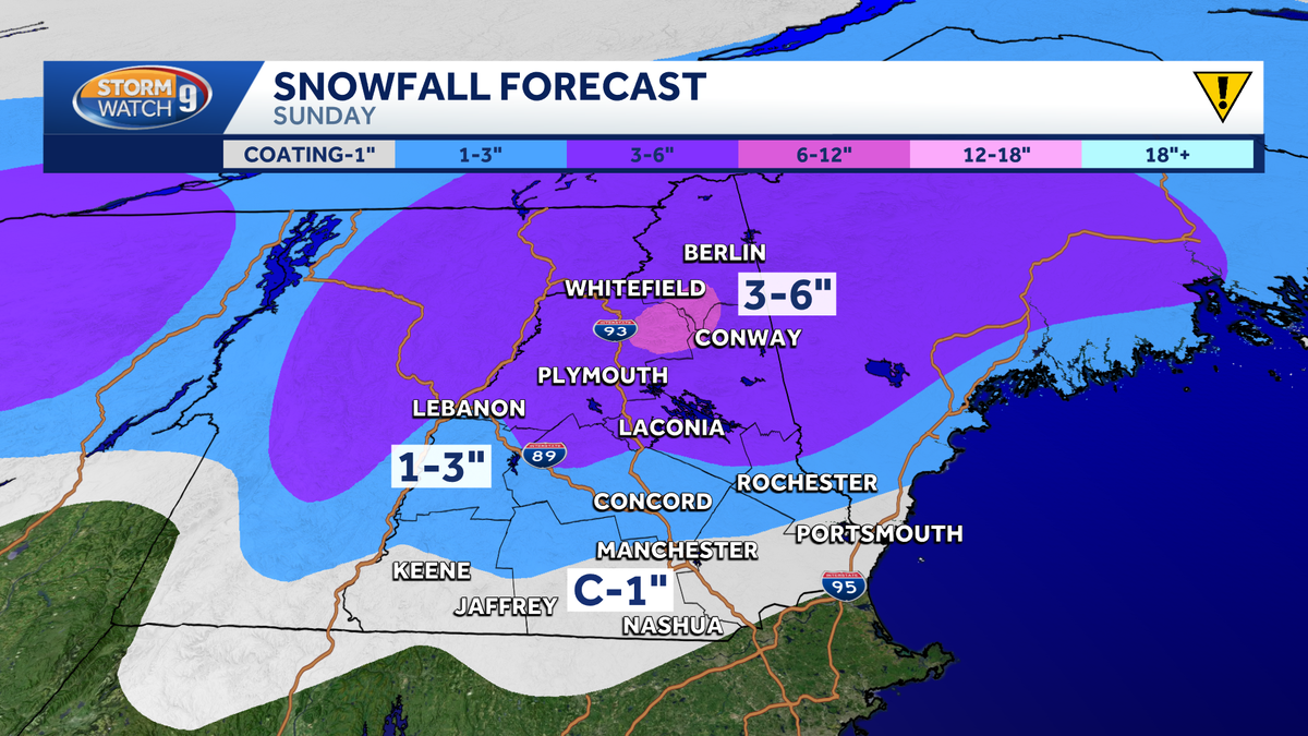 Plowable snow possible in New Hampshire Sunday, snow showers may linger Monday