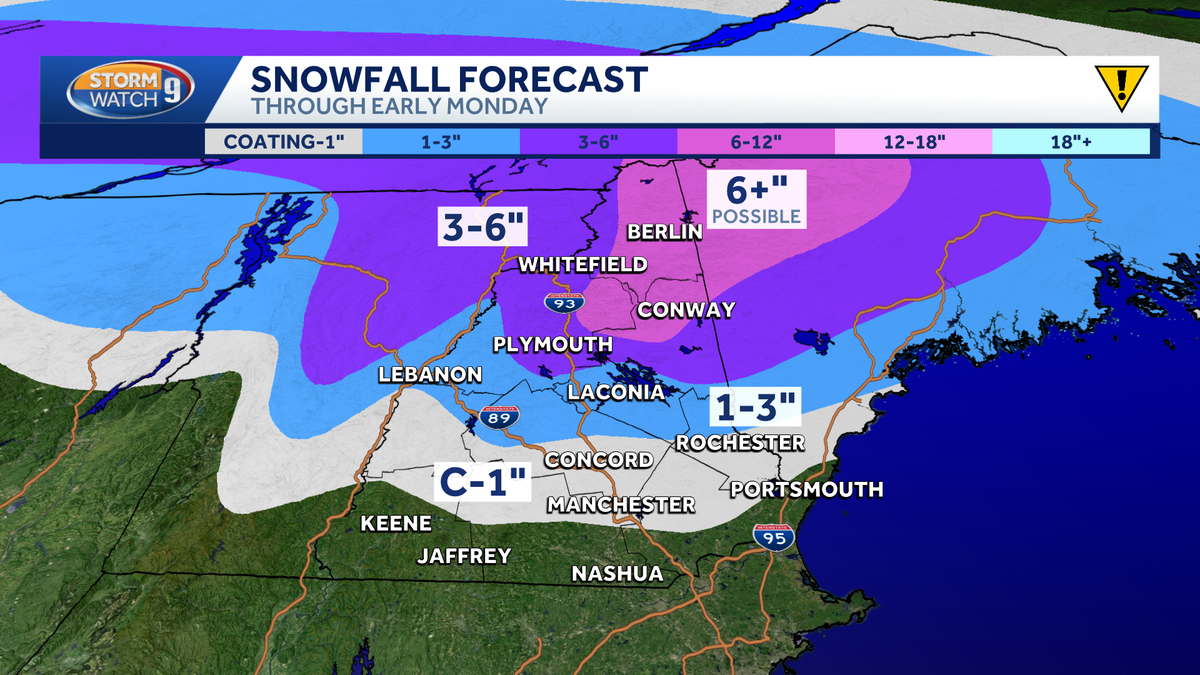 Plowable snow possible in parts of New Hampshire Sunday, snow showers may linger Monday