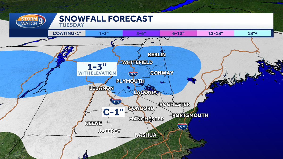 Scattered snow showers expected across parts of New Hampshire on Tuesday
