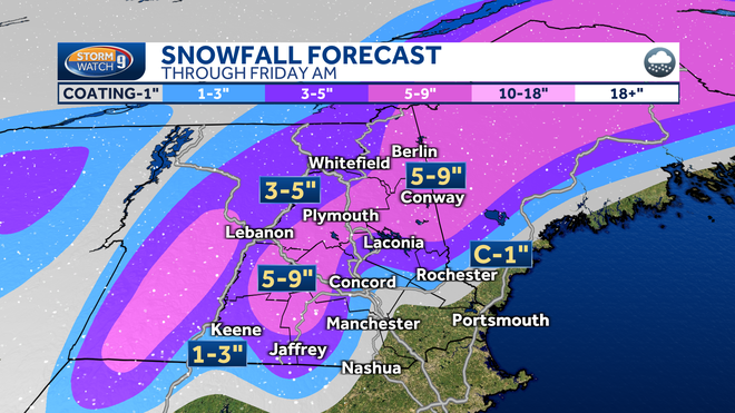 Snowfall forecast for Thursday through Friday