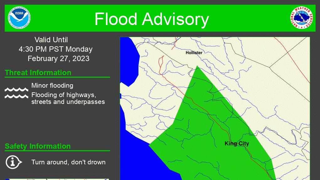 Flood advisory issued for areas of Monterey, San Benito counties