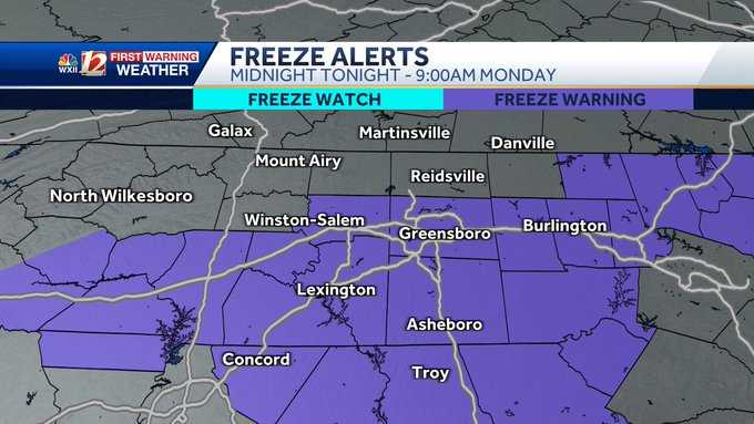 Freeze warning Sunday through Monday morning
