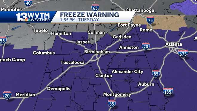 Freeze warning for central Alabama
