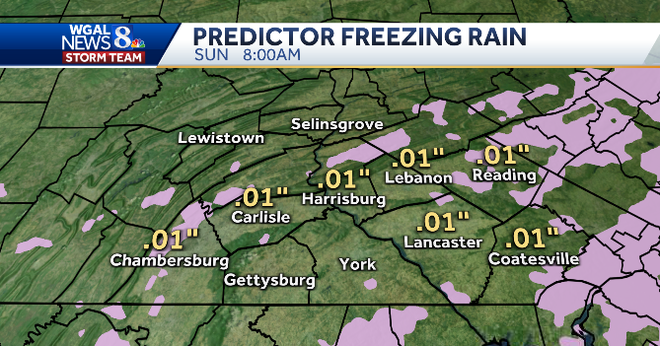 ﻿Map showing amounts of freezing rain predicted across the Susquehanna Valley by 8 a.m. Sunday.