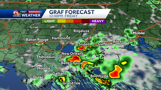 New Orleans weather forecast Friday high temp rain chance heat