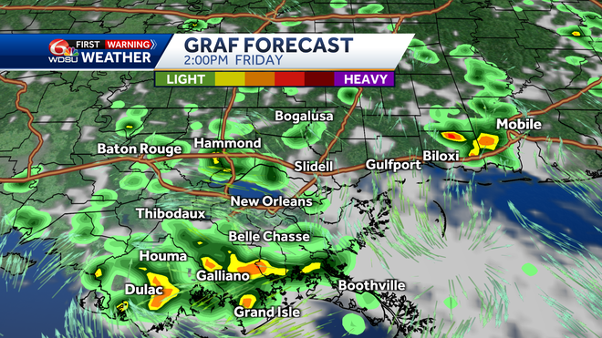 New Orleans weather forecast Friday high temp rain chance heat