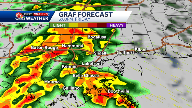 New Orleans forecast high temp rain chances Friday severe weather