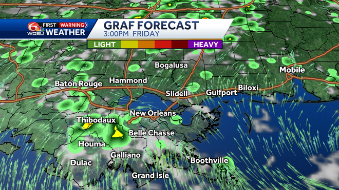 New Orleans weather forecast high temp heat index rain chances