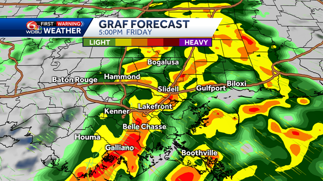 New Orleans forecast high temp rain chances Friday severe weather