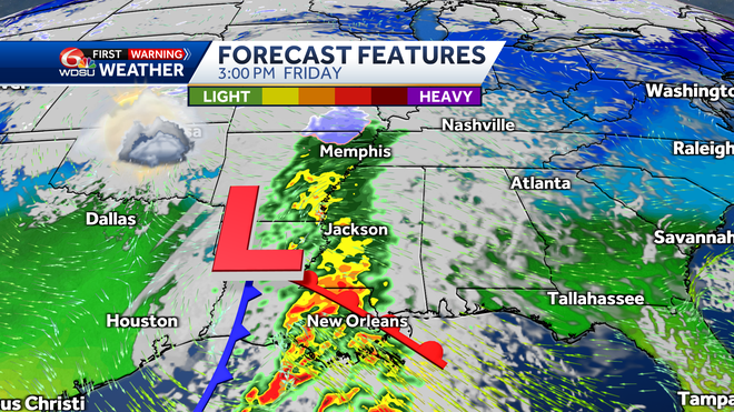 New Orleans forecast high temp rain chances Friday severe weather