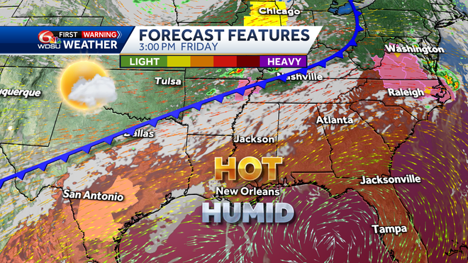 New Orleans weather forecast high temp heat index rain chances