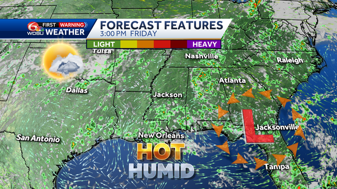 New Orleans weather forecast Friday high temp rain chance heat