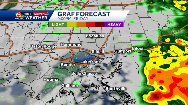 New Orleans forecast high temp rain chances Friday severe weather