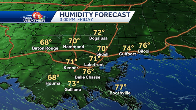 New Orleans forecast rain chances Labor Day Weekend high temp