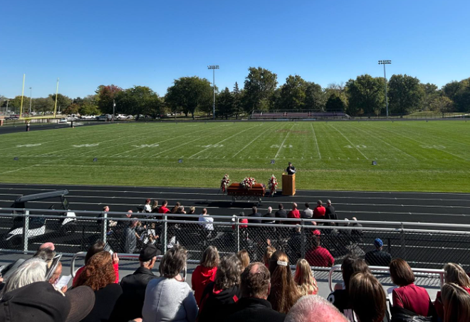 Eric&#x20;Hanson&#x20;snapped&#x20;this&#x20;photo&#x20;during&#x20;Wednesday&#x27;s&#x20;funeral&#x20;of&#x20;Kerry&#x20;Van&#x20;Winkle,&#x20;the&#x20;legendary&#x20;high&#x20;school&#x20;football&#x20;coach&#x20;who&#x20;died&#x20;last&#x20;week&#x20;at&#x20;age&#x20;83.&#x20;Hanson&#x20;played&#x20;for&#x20;Van&#x20;Winkle&#x20;at&#x20;Roland-Story,&#x20;and&#x20;the&#x20;stadium&#x20;where&#x20;the&#x20;funeral&#x20;was&#x20;held&#x20;is&#x20;named&#x20;after&#x20;the&#x20;coach&#x20;who&#x20;won&#x20;275&#x20;games&#x20;and&#x20;two&#x20;state&#x20;championships.