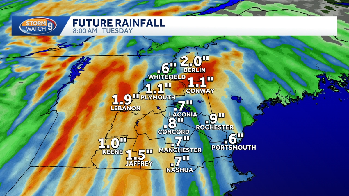 Rain moving through New Hampshire; strong wind gusts, downpours possible