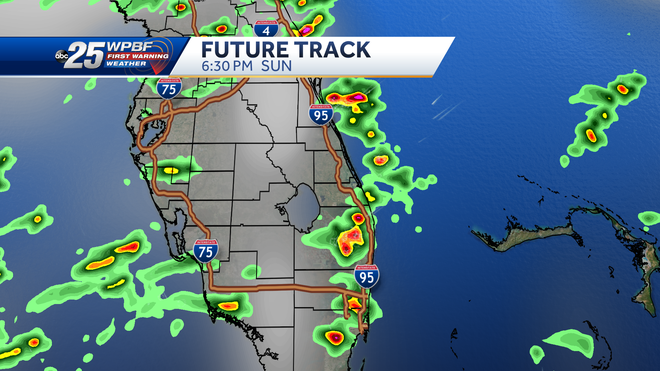 Future track Sunday for 6:30 pm showing coastal showers.