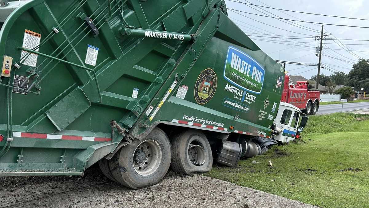 Louisiana garbage truck crashes into ditch