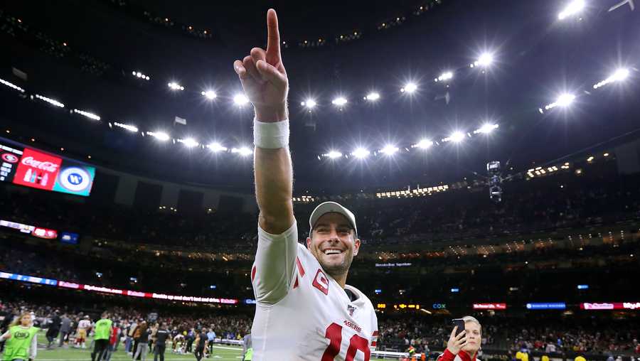NEW ORLEANS, LOUISIANA - DECEMBER 08: Jimmy Garoppolo #10 of the San Francisco 49ers celebrates a win over the New Orleans Saints after a game at the Mercedes Benz Superdome on December 08, 2019 in New Orleans, Louisiana. (Photo by Jonathan Bachman/Getty Images)
