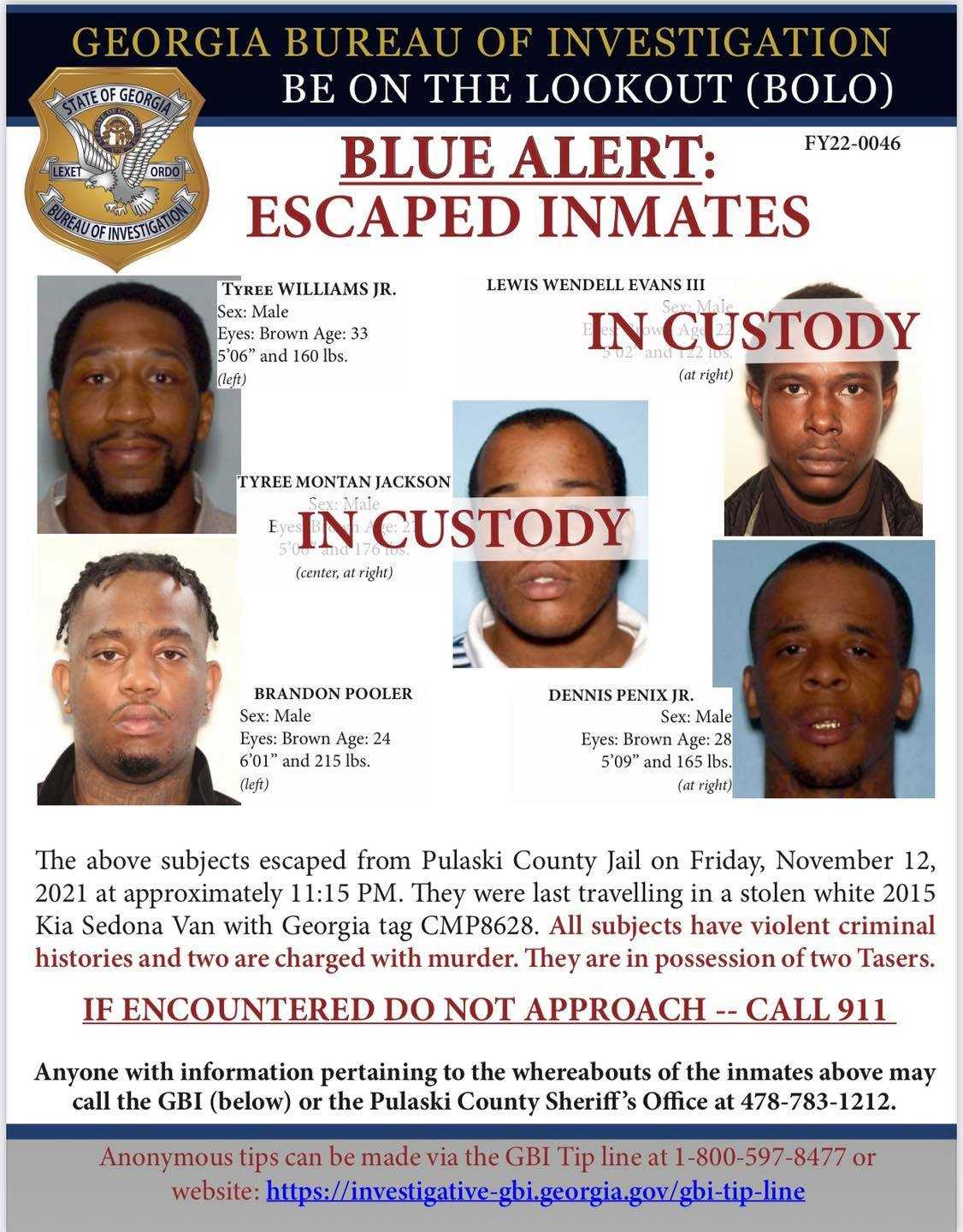 Georgia: 3 Inmates On The Run, 2 Captured After Jail Break