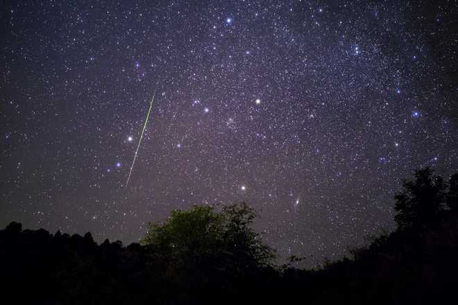 Bright meteor streaking across the night sky above Payson, Arizona during the Leonids meteor shower.