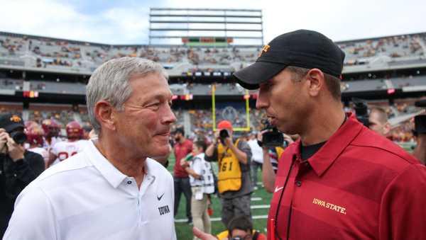 IOWA CITY, IOWA- SEPTEMBER 08: Head coach Kirk Ferentz of the Iowa Hawkeyes and head coach Matt Campbell of the Iowa State Cyclones visit before the match-up on September 8, 2018 at Kinnick Stadium, in Iowa City, Iowa.  (Photo by Matthew Holst/Getty Images)