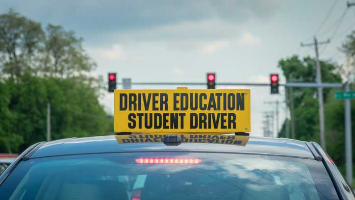 A drivers ed sign is shown on a car roof at a stoplight.