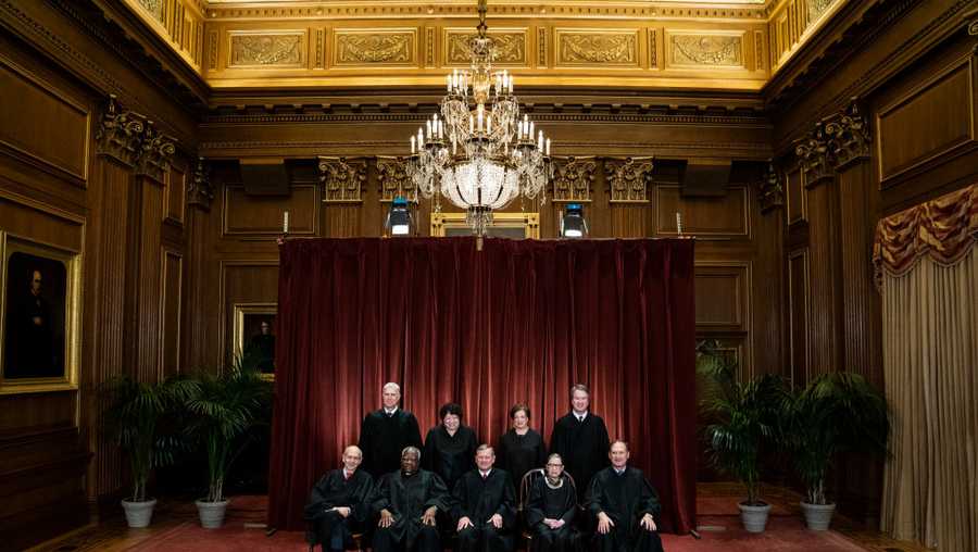Justices of the United States Supreme Court sit for their official group photo at the Supreme Court on Friday, Nov. 30, 2018 in Washington, DC. Seated from left, Associate Justice Stephen Breyer, Associate Justice Clarence Thomas, Chief Justice of the United States John G. Roberts, Associate Justice Ruth Bader Ginsburg and Associate Justice Samuel Alito, Jr.. Standing from left, Associate Justice Neil Gorsuch, Associate Justice Sonia Sotomayor, Associate Justice Elena Kagan and Associate Justice Brett M. Kavanaugh.
