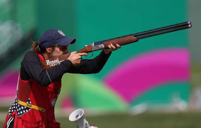 US Dania Vizzi competes in the Women&amp;apos;s Skeet Final of the Shooting competition during the Lima 2019 Pan-American Games, at Las Palmas shooting range in Lima on August 2, 2019. (Photo by LUKA GONZALES / AFP)        (Photo credit should read LUKA GONZALES/AFP via Getty Images)